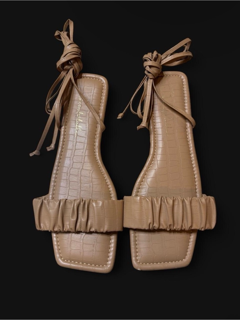 Tan Lace Up sandals with ruffled strap